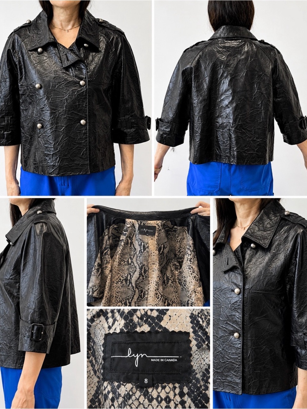 Lyn Black Cropped Faux-Leather Jacket with Snapped Front